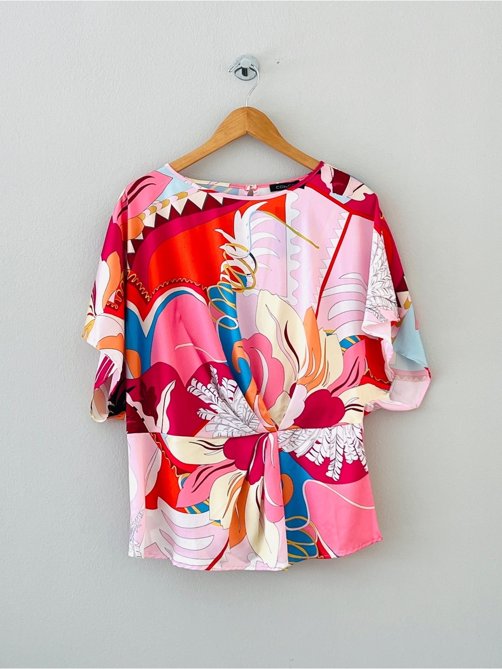 Abstract Floral Twist-Front Blouse - Pink Multi